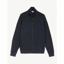 JAEGER Cotton With Wool Blend Zip Up Sweater Men Navy