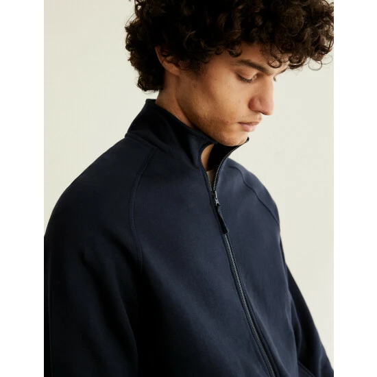 JAEGER Cotton With Wool Blend Zip Up Sweater Men Navy 2 JAEGER Cotton With Wool Blend Zip Up Sweater Men Navy - Image 2