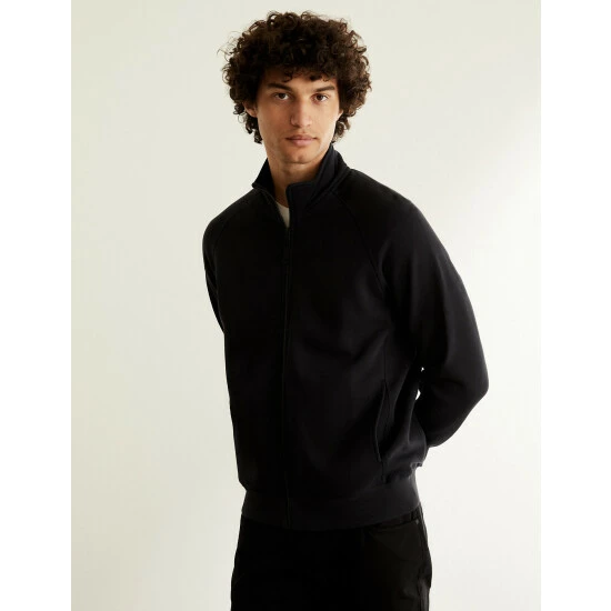 JAEGER Cotton With Wool Blend Zip Up Sweater Men Navy 7 JAEGER Cotton With Wool Blend Zip Up Sweater Men Navy - Image 7