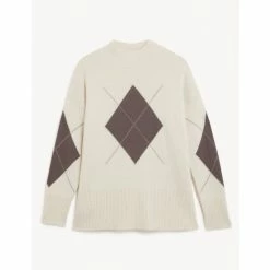 JAEGER Merino Wool Rich Argyle Funnel Neck Jumper Women Neutral