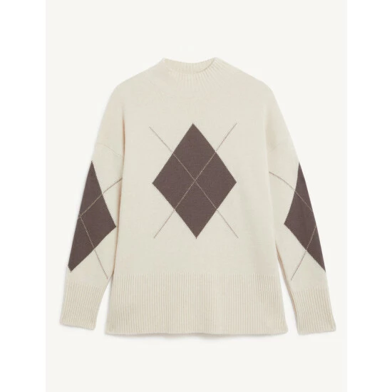 JAEGER Merino Wool Rich Argyle Funnel Neck Jumper Women Neutral 1 JAEGER Merino Wool Rich Argyle Funnel Neck Jumper Women Neutral