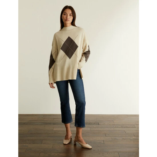 JAEGER Merino Wool Rich Argyle Funnel Neck Jumper Women Neutral 2 JAEGER Merino Wool Rich Argyle Funnel Neck Jumper Women Neutral - Image 2