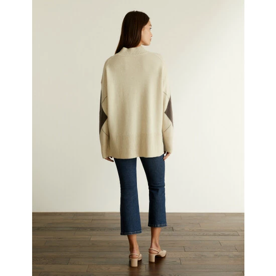 JAEGER Merino Wool Rich Argyle Funnel Neck Jumper Women Neutral 4 JAEGER Merino Wool Rich Argyle Funnel Neck Jumper Women Neutral - Image 4