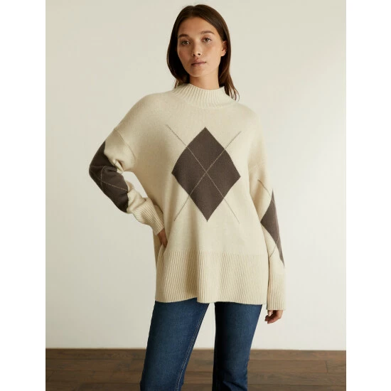 JAEGER Merino Wool Rich Argyle Funnel Neck Jumper Women Neutral 6 JAEGER Merino Wool Rich Argyle Funnel Neck Jumper Women Neutral - Image 6