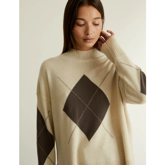 JAEGER Merino Wool Rich Argyle Funnel Neck Jumper Women Neutral 7 JAEGER Merino Wool Rich Argyle Funnel Neck Jumper Women Neutral - Image 7