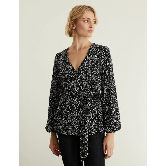 JAEGER Jersey Printed V-Neck Long Sleeve Top Women Black Mix 7 JAEGER Jersey Printed V-Neck Long Sleeve Top Women Black Mix - Image 7