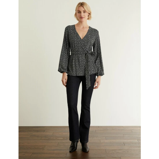 JAEGER Jersey Printed V-Neck Long Sleeve Top Women Black Mix 8 JAEGER Jersey Printed V-Neck Long Sleeve Top Women Black Mix - Image 8