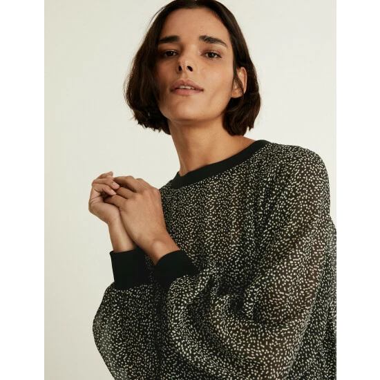 JAEGER Sheer Printed Relaxed Long Sleeve Top Women Black Mix 2 JAEGER Sheer Printed Relaxed Long Sleeve Top Women Black Mix - Image 2