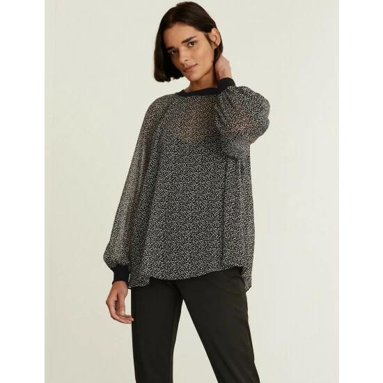 JAEGER Sheer Printed Relaxed Long Sleeve Top Women Black Mix 4 JAEGER Sheer Printed Relaxed Long Sleeve Top Women Black Mix - Image 4