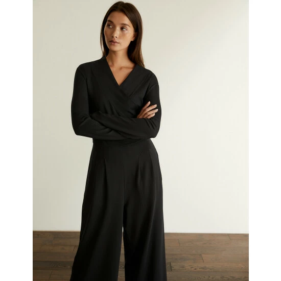 JAEGER Jersey Long Sleeve Wide Leg Jumpsuit Women Black 2 JAEGER Jersey Long Sleeve Wide Leg Jumpsuit Women Black - Image 2