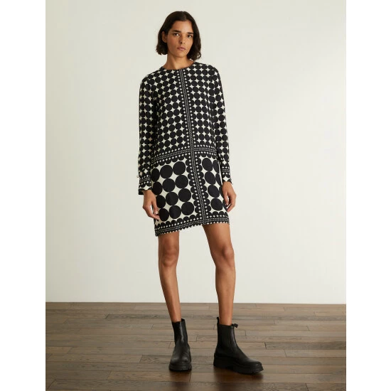 JAEGER Geometric Round Neck Shift Dress Women Black Mix 7 JAEGER Geometric Round Neck Shift Dress Women Black Mix - Image 7