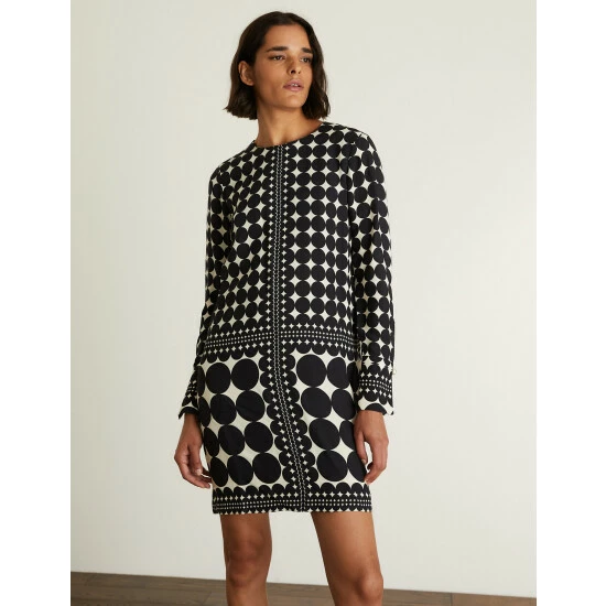 JAEGER Geometric Round Neck Shift Dress Women Black Mix 8 JAEGER Geometric Round Neck Shift Dress Women Black Mix - Image 8