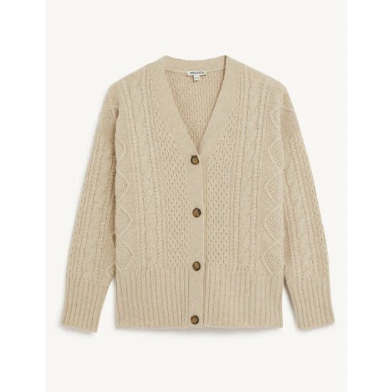 JAEGER Pure Wool Cable Knit V-Neck Cardigan Women Ivory 3 JAEGER Pure Wool Cable Knit V-Neck Cardigan Women Ivory - Image 3
