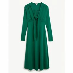 JAEGER Shop 43 JAEGER V-Neck Tie Front Midi Tea Dress Women Emerald