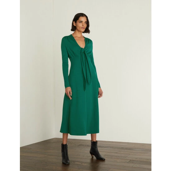 JAEGER V-Neck Tie Front Midi Tea Dress Women Emerald 2 JAEGER V-Neck Tie Front Midi Tea Dress Women Emerald - Image 2