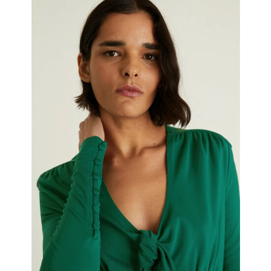 JAEGER V-Neck Tie Front Midi Tea Dress Women Emerald 7 JAEGER V-Neck Tie Front Midi Tea Dress Women Emerald - Image 7