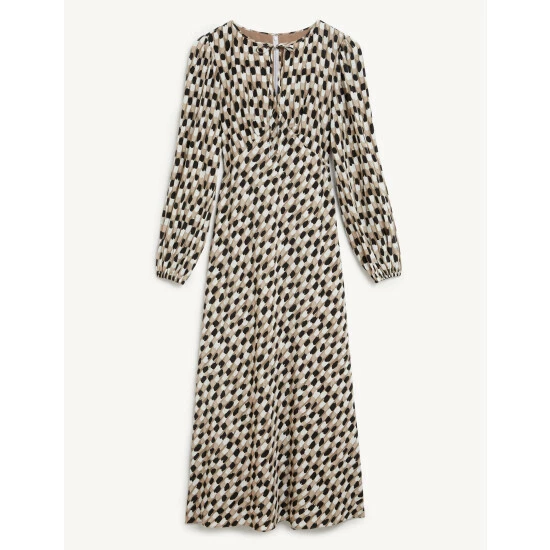 JAEGER Pure Silk Printed Tie Neck Tea Dress Women Multi/neutral 1 JAEGER Pure Silk Printed Tie Neck Tea Dress Women Multi/neutral