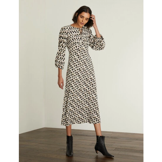 JAEGER Pure Silk Printed Tie Neck Tea Dress Women Multi/neutral 3 JAEGER Pure Silk Printed Tie Neck Tea Dress Women Multi/neutral - Image 3