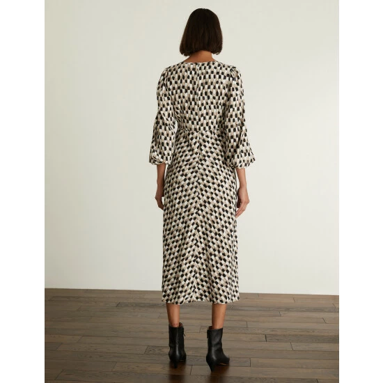 JAEGER Pure Silk Printed Tie Neck Tea Dress Women Multi/neutral 4 JAEGER Pure Silk Printed Tie Neck Tea Dress Women Multi/neutral - Image 4