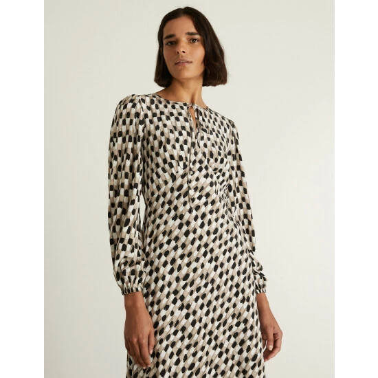 JAEGER Pure Silk Printed Tie Neck Tea Dress Women Multi/neutral 6 JAEGER Pure Silk Printed Tie Neck Tea Dress Women Multi/neutral - Image 6