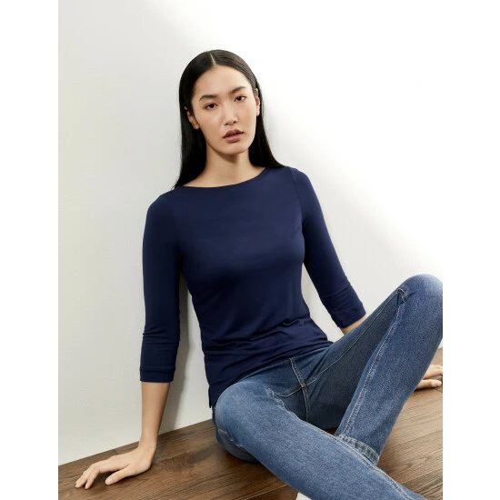 JAEGER Slash Neck 3/4 Sleeve Top Women Green 2 JAEGER Slash Neck 3/4 Sleeve Top Women Green - Image 2