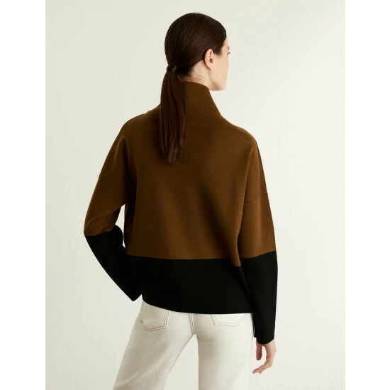 JAEGER Pure Merino Wool Colour Block Jumper Women Brown Mix 4 JAEGER Pure Merino Wool Colour Block Jumper Women Brown Mix - Image 4