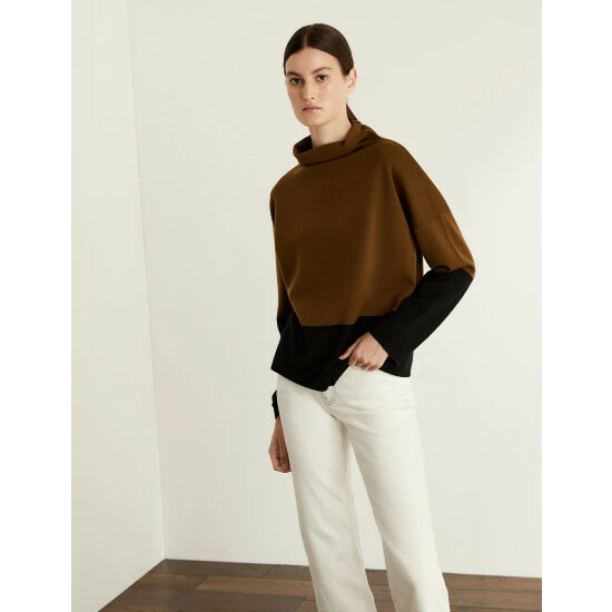 JAEGER Pure Merino Wool Colour Block Jumper Women Brown Mix 6 JAEGER Pure Merino Wool Colour Block Jumper Women Brown Mix - Image 6