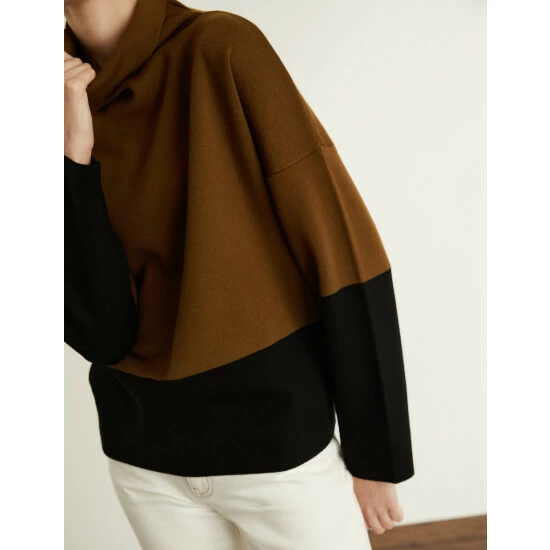 JAEGER Pure Merino Wool Colour Block Jumper Women Brown Mix 7 JAEGER Pure Merino Wool Colour Block Jumper Women Brown Mix - Image 7