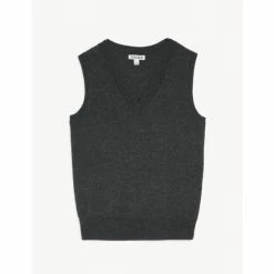 JAEGER Pure Merino Wool V-Neck Relaxed Knitted Top Women Black Mix