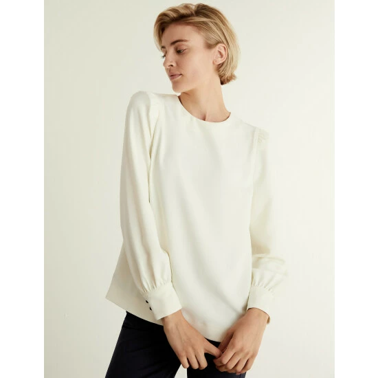 JAEGER Crepe Round Neck Long Sleeve Top Women Green 7 JAEGER Crepe Round Neck Long Sleeve Top Women Green - Image 7