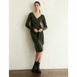 JAEGER Pure Merino Wool V-Neck Midi Wrap Dress Women Navy