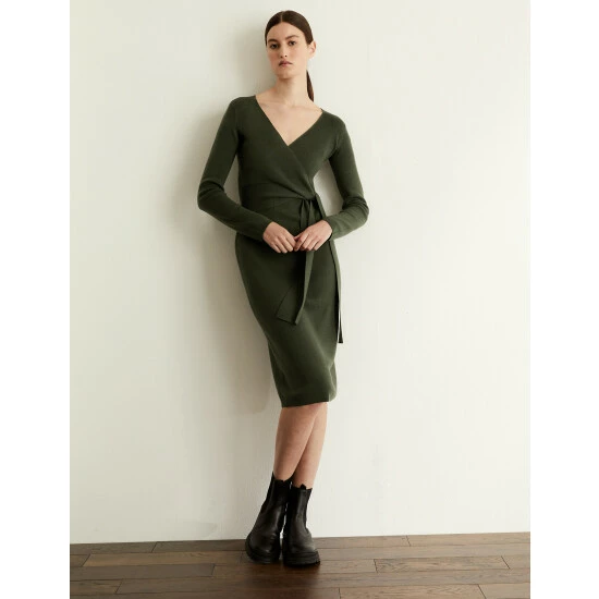 JAEGER Pure Merino Wool V-Neck Midi Wrap Dress Women Navy 1 JAEGER Pure Merino Wool V-Neck Midi Wrap Dress Women Navy