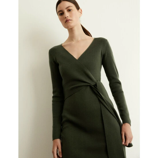 JAEGER Pure Merino Wool V-Neck Midi Wrap Dress Women Navy 6 JAEGER Pure Merino Wool V-Neck Midi Wrap Dress Women Navy - Image 6