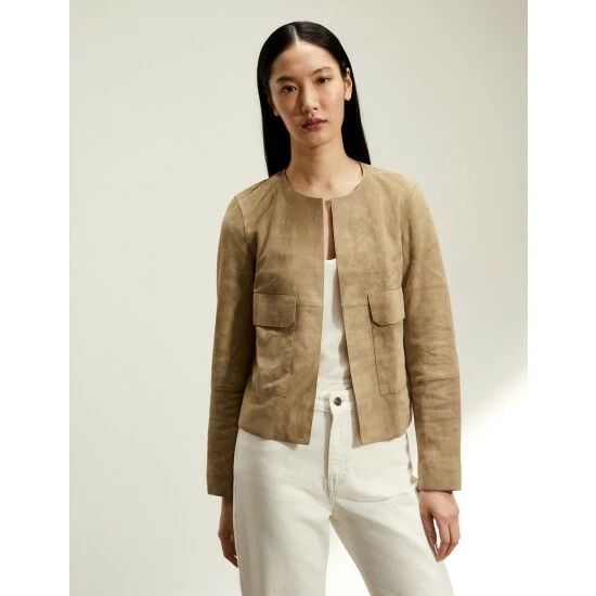 JAEGER Suede Collarless Jacket Women Beige 2 JAEGER Suede Collarless Jacket Women Beige - Image 2