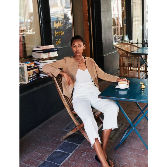 JAEGER Suede Collarless Jacket Women Beige 7 JAEGER Suede Collarless Jacket Women Beige - Image 7