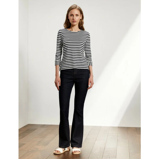 JAEGER Striped Crew Neck 3/4 Sleeve Top Women Black Mix 2 JAEGER Striped Crew Neck 3/4 Sleeve Top Women Black Mix - Image 2