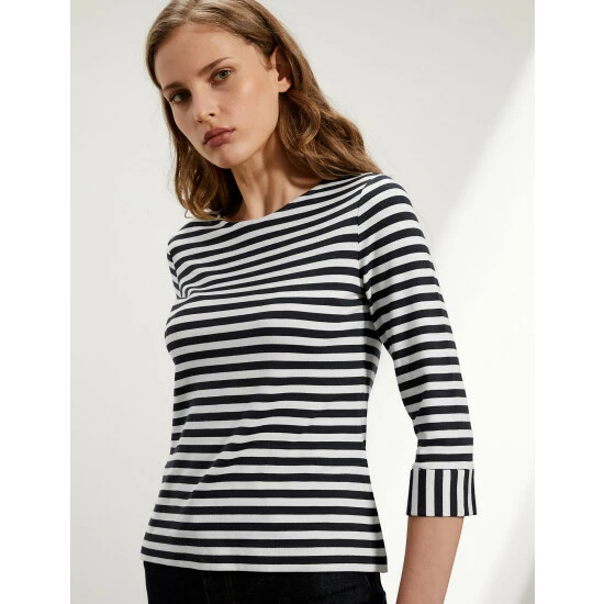 JAEGER Striped Crew Neck 3/4 Sleeve Top Women Black Mix 3 JAEGER Striped Crew Neck 3/4 Sleeve Top Women Black Mix - Image 3