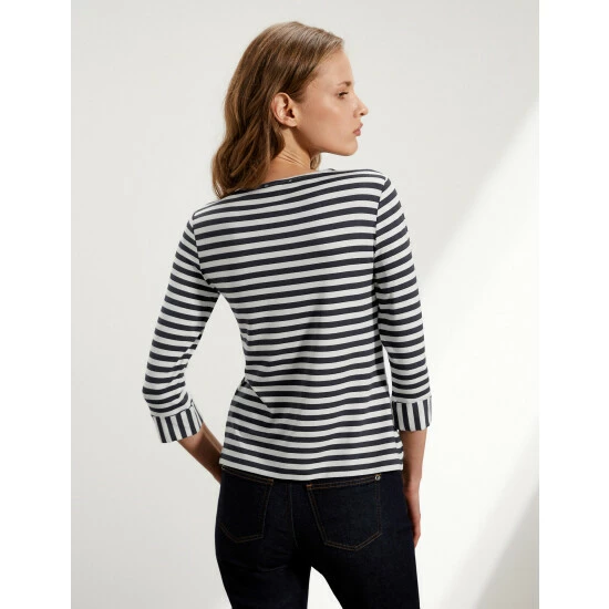 JAEGER Striped Crew Neck 3/4 Sleeve Top Women Black Mix 5 JAEGER Striped Crew Neck 3/4 Sleeve Top Women Black Mix - Image 5