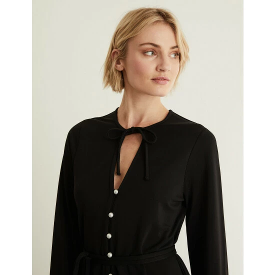 JAEGER Jersey Tie Neck Button Through Midi Dress Women Black 2 JAEGER Jersey Tie Neck Button Through Midi Dress Women Black - Image 2