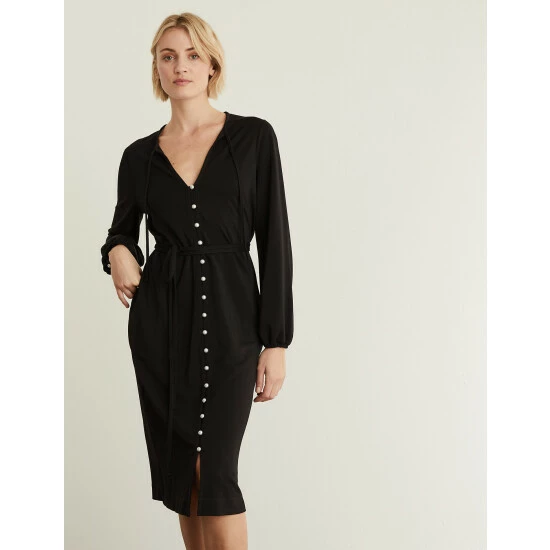 JAEGER Jersey Tie Neck Button Through Midi Dress Women Black 6 JAEGER Jersey Tie Neck Button Through Midi Dress Women Black - Image 6