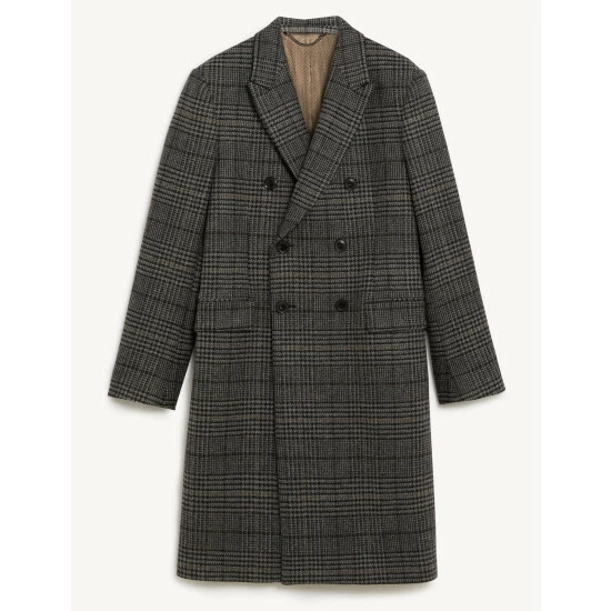 JAEGER British Wool Checked Double Breasted Coat Men Grey Mix 1 JAEGER British Wool Checked Double Breasted Coat Men Grey Mix