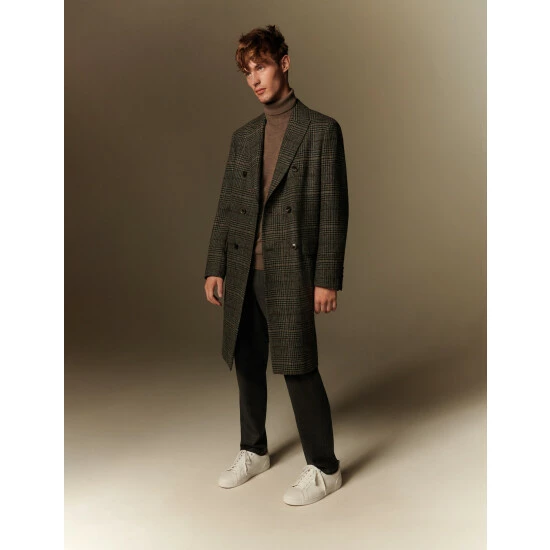 JAEGER British Wool Checked Double Breasted Coat Men Grey Mix 5 JAEGER British Wool Checked Double Breasted Coat Men Grey Mix - Image 5