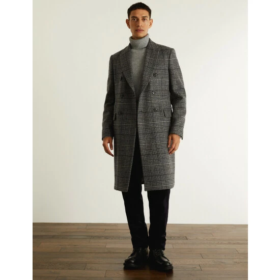 JAEGER British Wool Checked Double Breasted Coat Men Grey Mix 7 JAEGER British Wool Checked Double Breasted Coat Men Grey Mix - Image 7