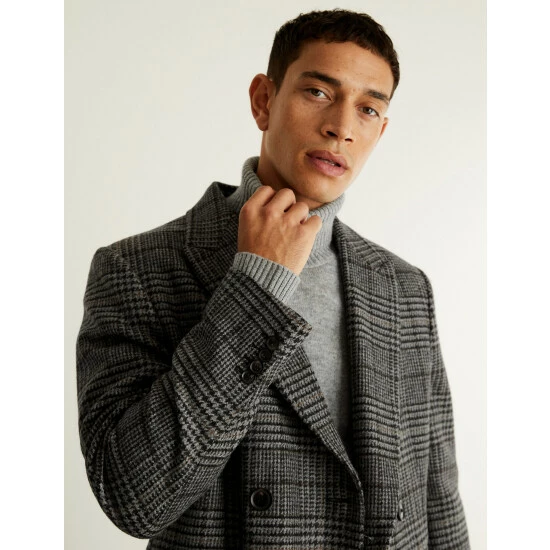 JAEGER British Wool Checked Double Breasted Coat Men Grey Mix 8 JAEGER British Wool Checked Double Breasted Coat Men Grey Mix - Image 8