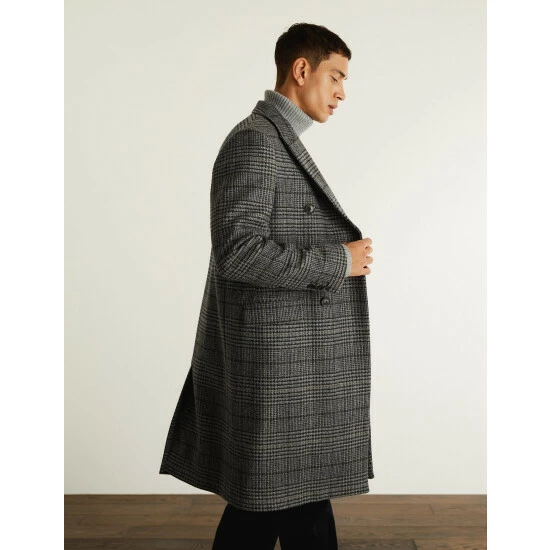 JAEGER British Wool Checked Double Breasted Coat Men Grey Mix 14 JAEGER British Wool Checked Double Breasted Coat Men Grey Mix - Image 14