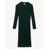 JAEGER Tencel Blend Ribbed V-Neck Midi Shirt Dress Women Dark Green