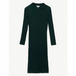 JAEGER Tencel Blend Ribbed V-Neck Midi Shirt Dress Women Dark Green
