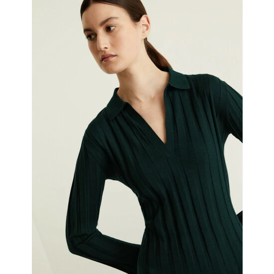 JAEGER Tencel Blend Ribbed V-Neck Midi Shirt Dress Women Dark Green 2 JAEGER Tencel Blend Ribbed V-Neck Midi Shirt Dress Women Dark Green - Image 2