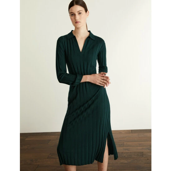 JAEGER Tencel Blend Ribbed V-Neck Midi Shirt Dress Women Dark Green 4 JAEGER Tencel Blend Ribbed V-Neck Midi Shirt Dress Women Dark Green - Image 4