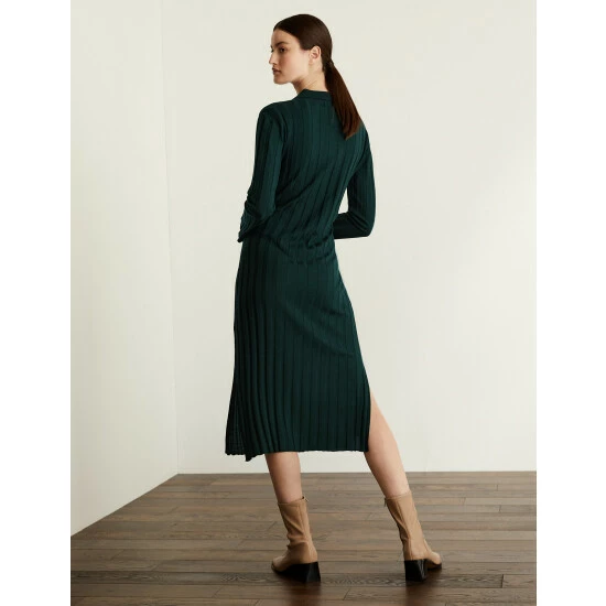 JAEGER Tencel Blend Ribbed V-Neck Midi Shirt Dress Women Dark Green 5 JAEGER Tencel Blend Ribbed V-Neck Midi Shirt Dress Women Dark Green - Image 5